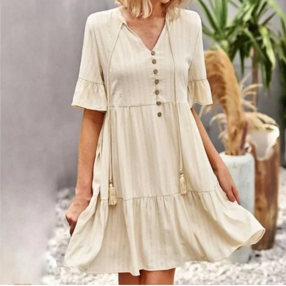 Boho Loose Fit Tunic Dress - Cream